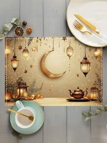1buc/4buc/6buc Ramadan Lantern Moon Star Placemat, Pret alungit din poliester lavabil la masina, Blat protejat, Placemat izolat, Decorare restaurant, Decorat masa, Articole de uz casnic, Potrivit pentru multi oameni, Decorare pentru petreceri