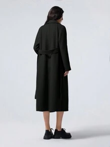 LYSMO 女士纯色前系带长袖口袋简约休闲长夹克 - 黑色 - 查看 2