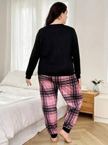 Slumberry CURVE Bộ đồ ngủ tay dài họa tiết trái tim và chữ cỡ lớn kèm quần kẻ caro, trang phục ấm cúng và thanh lịch, quần áo thu đông - Nhiều màu - Xem 3