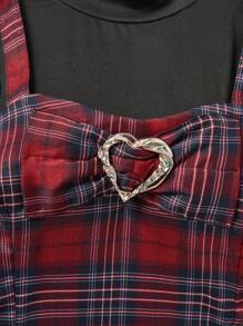 SHEIN Bộ 2 áo phông lót ấm áp dễ thương cho bé gái tuổi teen + váy kẻ caro - Nhiều màu - Xem 4