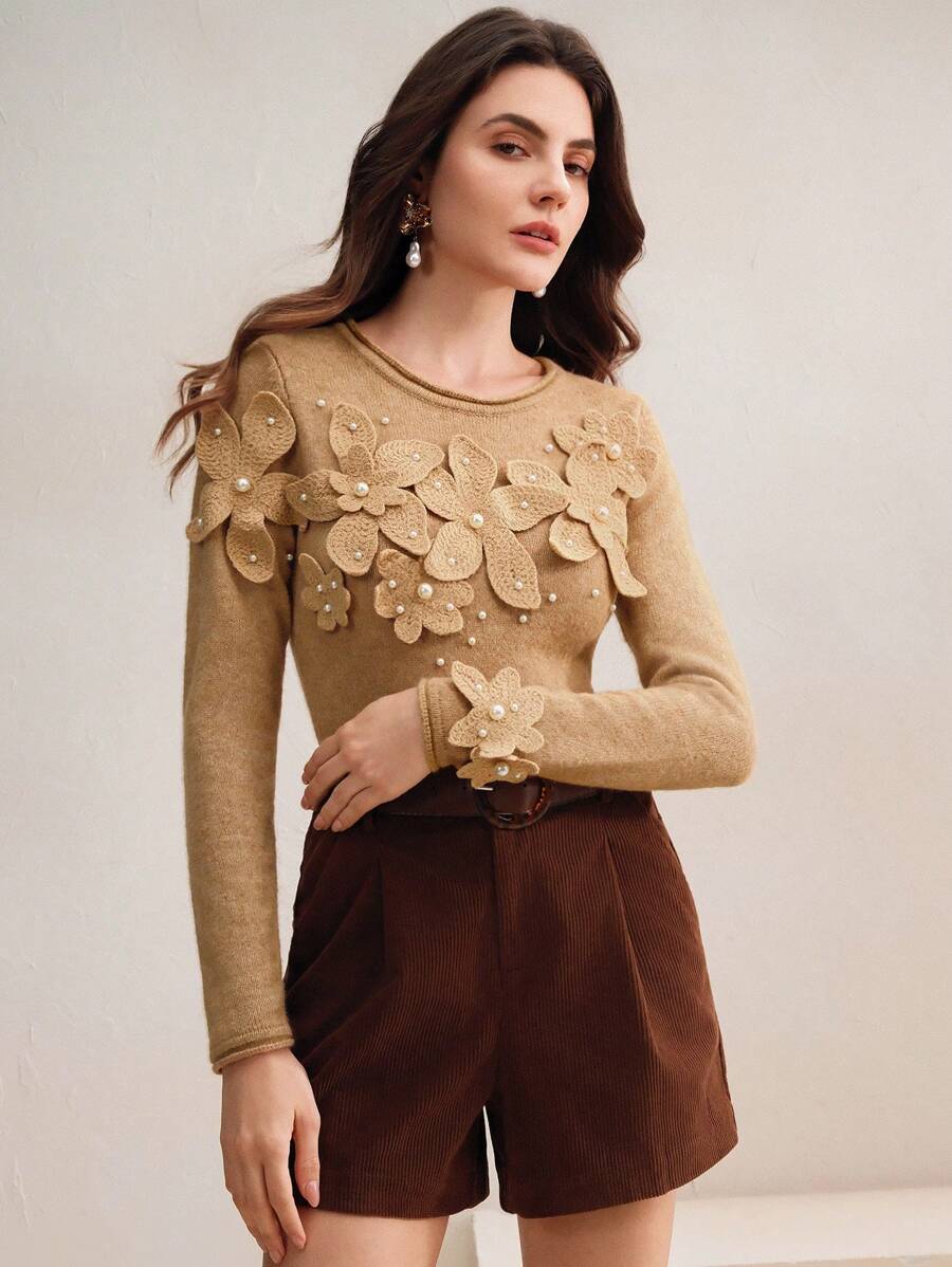 Anewsta 手工钩编串珠优雅修身卡其色女士毛衣，新年女士针织套头衫秋冬款