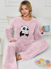 SHEIN Cottnline 2Pcs Pelush Panda Embroidery Detail PJ Set - Baby Pink - View 3