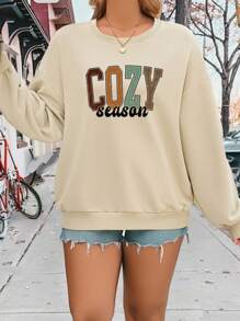 SHEIN LUNE 女式字母印花休闲简约图案宽松厚圆领长袖连帽运动衫，冬季