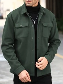 Manfinity Homme Men's Solid Color Long Sleeve Single-Breasted Casual Jacket With Pockets, Autumn/Winter Men Solid Color Jacket Green Men Jacket Dark Green Jacket - Olive Green - View 5