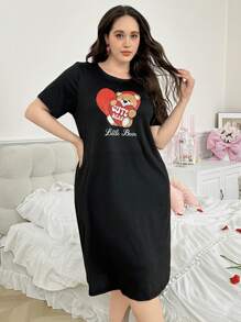 Cartoon Heart & Bear Print Short Sleeve Plus Size Nightgown - Black - View 6