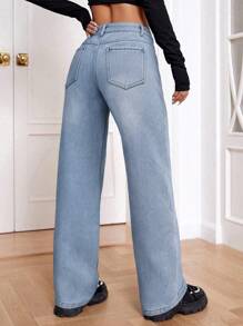 SHEIN EZwear 女式宽松版型保暖内衬直筒牛仔裤，带口袋 - 藍色 - 查看 2