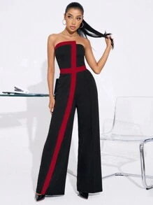 SHEIN SXY Mono de pierna recta con contraste de color sin mangas para uso en oficina, ropa de mujer de temporada otoñal