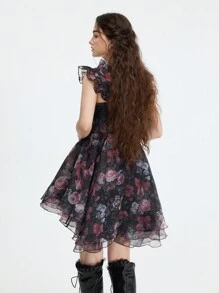 SHEIN MOD Robe femme asymétrique multicouche à imprimé floral noir, tenue de vacances femme, tenue d'été pour femme, vêtements occidentaux femme, tenue de campagne, tenue de vacances à la plage, Saint-Valentin, robe boho femme - Noir - Voir 4