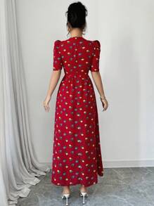 Modelyn Đầm mini thanh lịch cổ ren họa tiết hoa tương phản cho nữ tay bồng - Đỏ - Xem 2