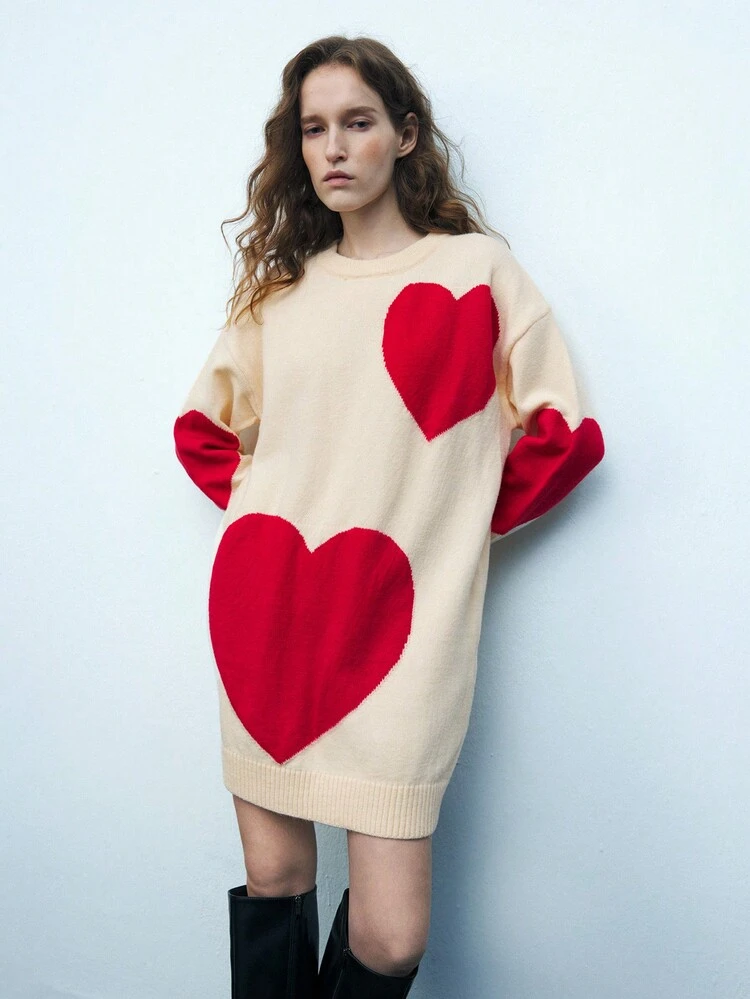 SHEIN Maija Women's Apricot Round Neck Heart Pattern Loose Comfortable Versatile Daily Casual Sweater Dress, Suitable For Spring, Valentine's Day, And Holidays Festival