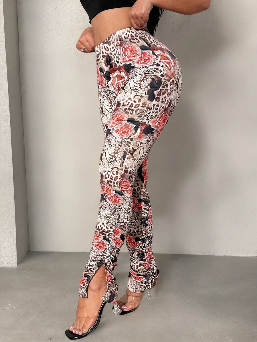 Zolique Women's Leopard & Flower Print Ruched Hem Leggings Fall Cloth For Women - Multicolor - View 1