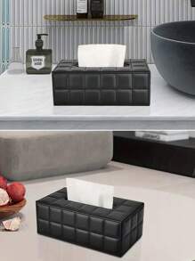 1PC Large Rectangular PU Tissue Box Cover Magnetic Lock Black Grid Pattern Modern Home Decor For Dresser Nightstand Office Car Storage Organizer Minimalist Style - Black - View 5