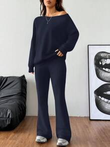 Coolane Women's Fall/Winter Basic Knit Plain Grey Baggy Off The Shoulder Asymmetrical Neck Long Sleeve Sweatshirt & Flare Pants Workout Set,Two Pieces Outfits