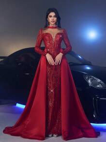 Glamrae 优雅红色奢华拼布缎面网眼透明亮片缀饰长袖鱼尾超长舞会礼服，配有超大亮片拖尾、婚礼宾客礼服、派对礼服、正式礼服、晚礼服、长袍 - 紅色 - 查看 5