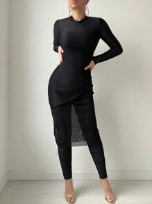 SHEIN Swim Mulvari 2 peças/conjunto feminino gola alta manga comprida top e calças praia férias burkini roupa verão roupa árabe