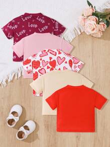 5pcs/Set Baby Girls Casual Heart & Love Letter Graphic Round Neck Short Sleeve T-Shirts, For Daily, Valentine's Day - Multicolor - View 2