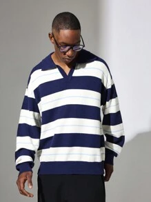 SUMWON Classic Knit Polo Sweater V-Neck Striped Pullover Long Sleeve Winter Fall Casual Preppy University Style Ribbed Cuffs Warm Knitwear