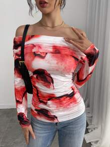 INAWLY Women's Tie-Dye Print Ruched Off Shoulder Long Sleeve Fitted T-Shirt - Red - View 4