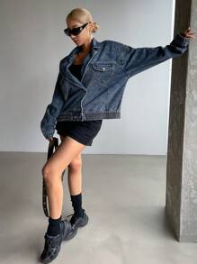 DAZY Women's Lapel Drop Shoulder Long Sleeve Single Breasted Casual Denim Jacket, Autumn