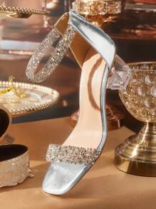 CUCCOO TILAWA Women's Fashion Crystal Heel & Glass Rhinestone Studded High Heel Sandals, Suitable For Formal Events & Outings Spring Shoes Spring Break Easter Prom Heels - Silver - View 4