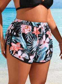 Swim Lushoire Pantalones cortos informales de playa con estampado de plantas tropicales para mujeres de talla grande para vacaciones - Multicolor - Ver 3