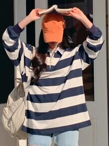 DAZY 女式宽松宽条纹 Polo 领休闲街头 T 恤，秋季服装长袖女式上衣 - 藏蓝色 - 查看 5