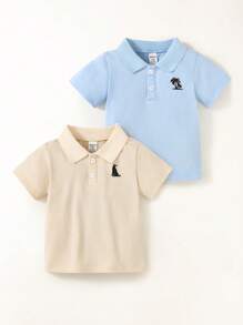 2 pièces Ensemble de tenue décontractée d'été pour tout-petits garçons, avec polo à manches courtes avec broderie d'arbre de noix de coco et de voilier. Convient pour les activités extérieures du printemps, de l'été et de l'automne - Bleu azur - Voir 1