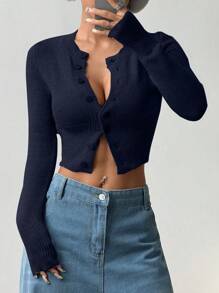 SHEIN Unity Women's Solid Color Front Button Long Sleeve Casual Blouse - Navy Blue - View 6