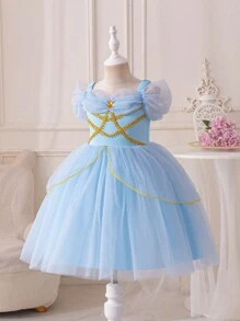 SHEIN Glamorique Kids 女童公主裙，蓝色针织连衣裙，金色丝带，派对礼服，闪光印花，生日派对，婚礼，节日，四季皆宜，日常穿着连衣裙 - 藍色 - 查看 6
