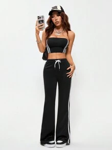 SHEIN EZwear Conjuntos de Roupas Femininas de Primavera/Verão para Sair, Streetwear, Esporte, Decoração com Textura Faixada, Top Tubular e Calças Flare em Duas Peças - Preto - Visão 3
