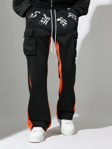 SUMWON Pantalones deportivos de diseñador ajuste acampanado con bolsillos de carga laterales, estampado de tipografía gótica, cintura elástica, moda urbana de rendimiento, colección de invierno y otoño - Multicolor - Ver 1