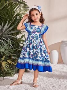 Kleine Mädchen Figurbetontes Lässig Kleid mit Blumenmuster, Rundhalsausschnitt, Rüschenärmeln - Blau - Übersicht 4