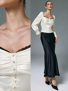 Poéselle Blusa de satén con mangas de farol, adornos de encaje negro y contraste de satén para mujer elegante, ropa de mujer para Navidad, blusa de manga larga, ropa de mujer de negocios, ropa de mujer de otoño e invierno