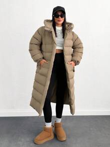 EURMUSE Zip Up Hooded Long Puffer Coat - Beige - View 3