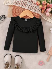 SHEIN 年轻女孩休闲时尚百搭黑色针织荷叶边长袖衬衫 - 黑色 - 查看 6