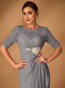 Serin Elegant And Graceful Mother Of The Bride Dress, Champagne Color Sequined Lace Patchwork Chiffon Fabric, Strapless, Round Neck, Middle Sleeve, Pleated Waist, Sequined Decoration, Ruffle Hem, Suitable For Weddings, Parties, Mother's Day Events - Dark Grey - View 2