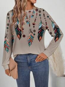 SHEIN LUNE Westlicher Cowboy Langarm Damen T-Shirt mit buntem Federn- und Kettenmuster, geeignet für Herbst/Winter