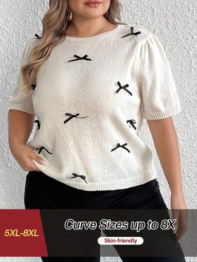 SHEIN CURVE+ 大码女式蝴蝶结针织短袖套头衫