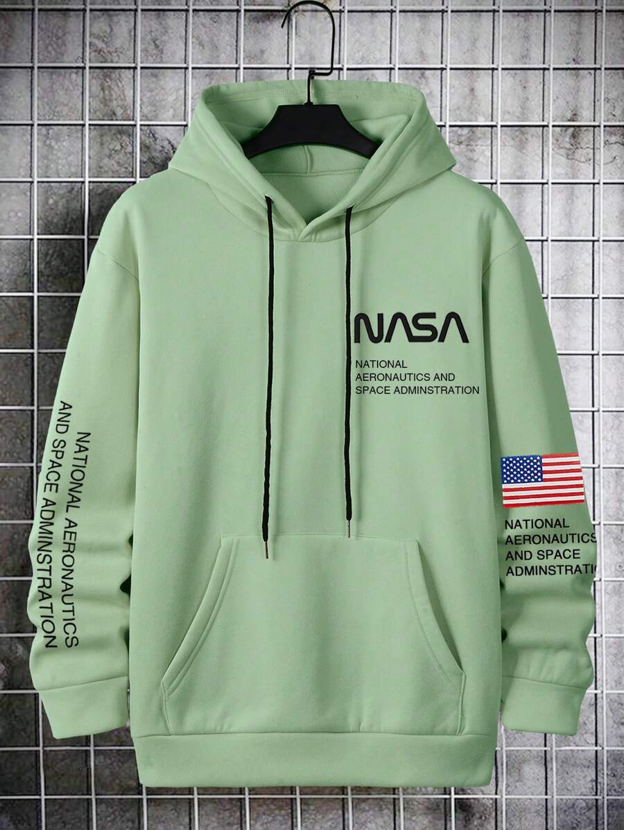 Manfinity Homme Loose Men Slogan Graphic Kangaroo Pocket Drawstring Hoodie - Green - View 1