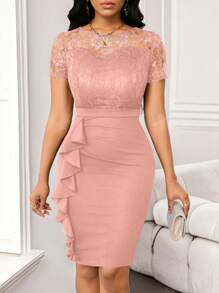SHEIN Lady 婚礼宾客礼服蕾丝拼接荷叶边女士包臀裙工作聚会女装连衣裙 - 藕粉色 - 查看 5