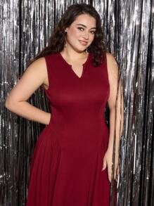 SHEIN MOD Plus Size Retro Elegant Ruched Midi Dress, Office/Casual Wear - Burgundy - View 4