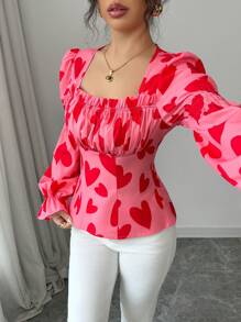 Elenzga Camisa elegante con estampado de corazón rojo y fruncido