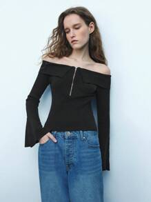 Maija 女士黑色露肩镂空金属拉链喇叭袖优雅时尚性感休闲节日短款毛衣上衣节日 - 黑色 - 查看 6