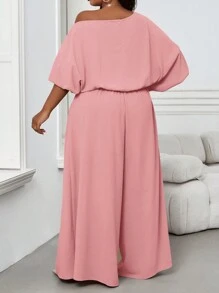 SHEIN Lady 秋冬优雅复古工作休闲办公室香槟色编织露肩舞会礼服主教袖露背新品大码连体裤 - 粉色 - 查看 2