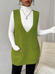 Chiquease Women's Solid Color Deep V-Neck Double Pocket Casual Knit Sweater Vest, Autumn/Winter - Green - View 1