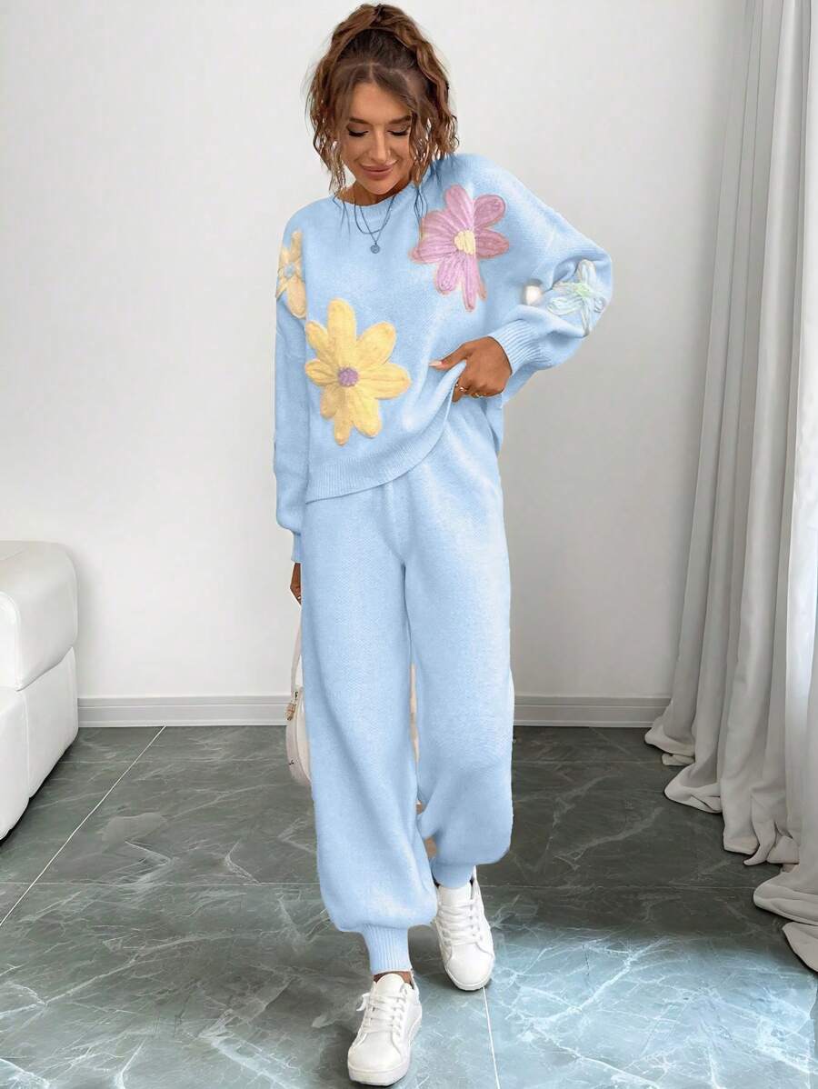 Chiquease Retro Floral Print Loose Crew Neck Lantern Sleeve Sweater Set, Casual And Relaxed Style, Fashionable Design, Suitable For Autumn/Winter - Baby Blue - View 1