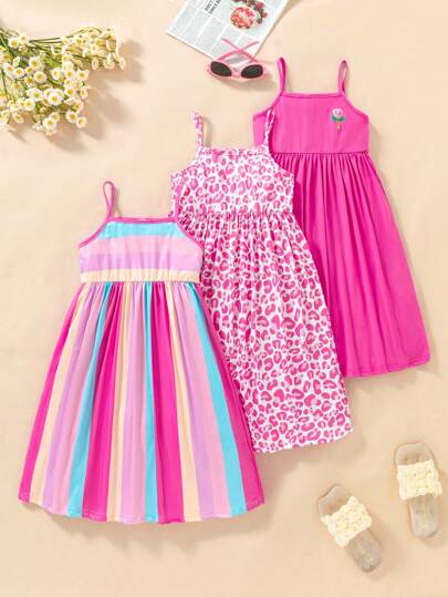 Sparklyn 3pcs Tween Girl Adjustable Strap Dress Set, Elastic Leopard & Striped Sleeveless Dress, Suitable For Summer Vacation & Party, Multiple Colors Casual Splicing Collar, Leopard, Floral, All-Over Print Decor Adjustable Strappy Vest With Medium Stretch Summer Holiday