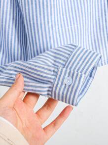 SHEIN Tween 女童度假休闲蝴蝶结后背条纹衬衫 - 藍白色 - 查看 4