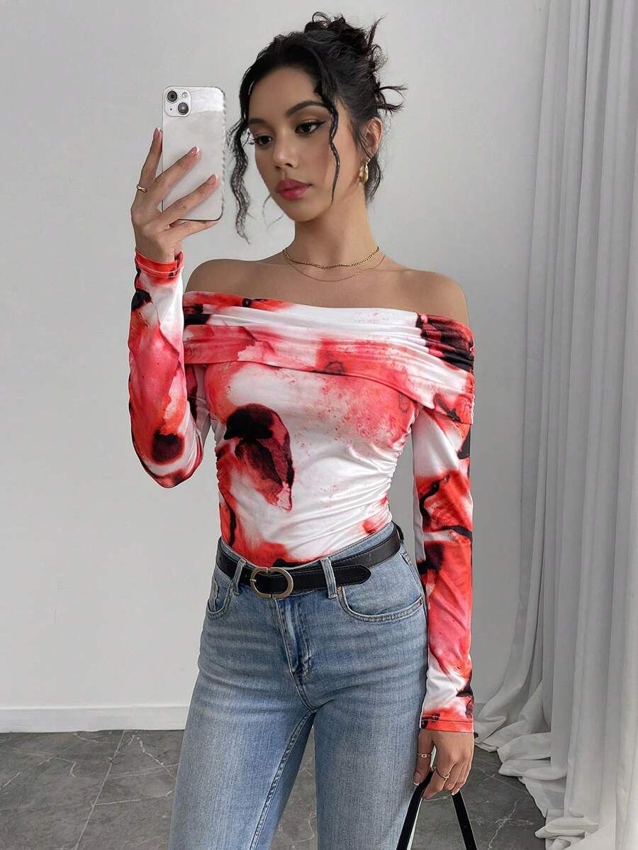INAWLY Women's Tie-Dye Print Ruched Off Shoulder Long Sleeve Fitted T-Shirt - Red - View 1