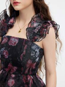 SHEIN MOD Robe femme asymétrique multicouche à imprimé floral noir, tenue de vacances femme, tenue d'été pour femme, vêtements occidentaux femme, tenue de campagne, tenue de vacances à la plage, Saint-Valentin, robe boho femme - Noir - Voir 3